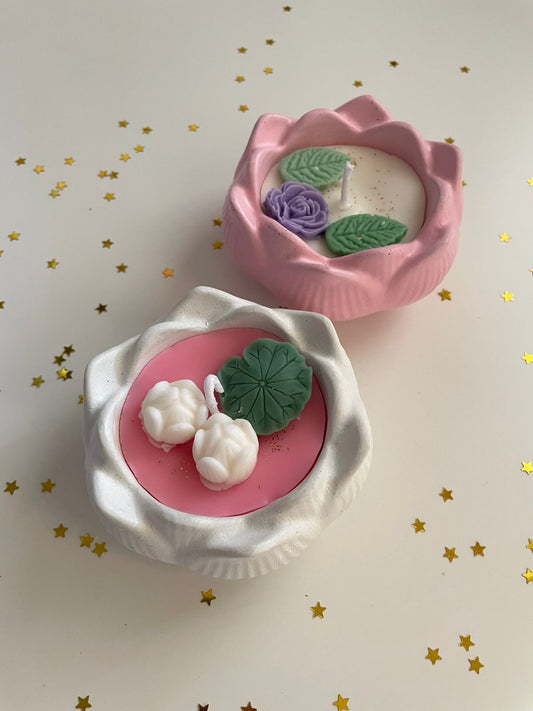 Pink and white lotus set handcrafted soya scented candle Diwali gift
