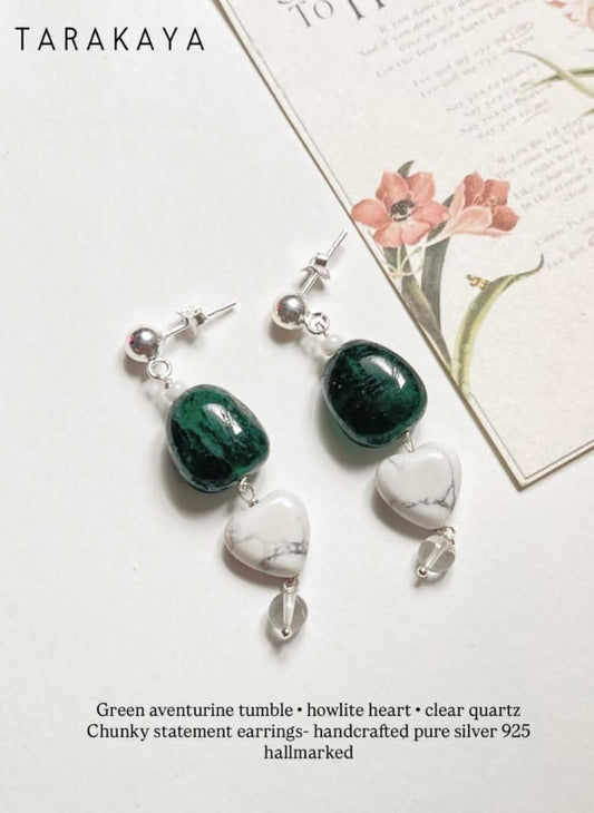 Green Aventurine, Howlite & Clear Quartz Crystal 925 Sterling Silver Earrings