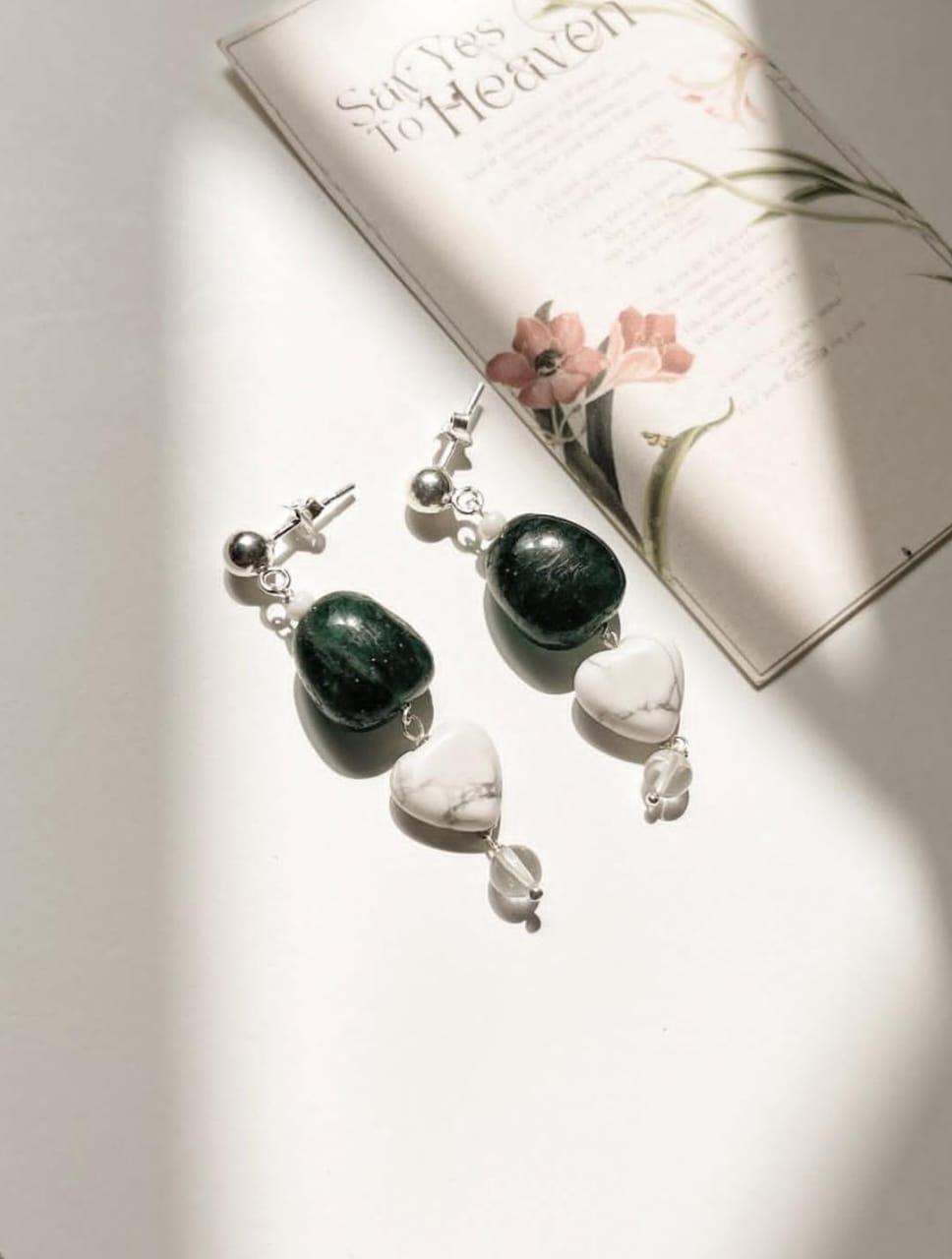 Green Aventurine, Howlite & Clear Quartz Crystal 925 Sterling Silver Earrings