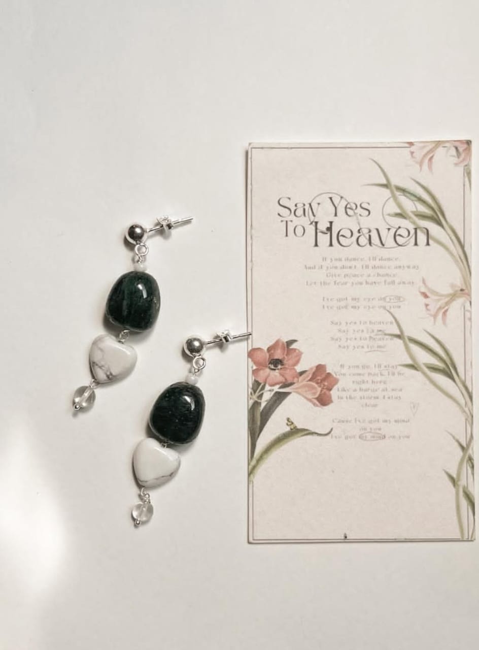 Green Aventurine, Howlite & Clear Quartz Crystal 925 Sterling Silver Earrings