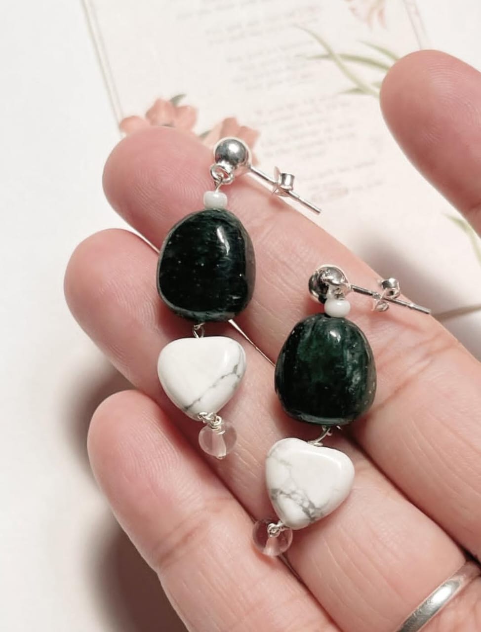 Green Aventurine, Howlite & Clear Quartz Crystal 925 Sterling Silver Earrings