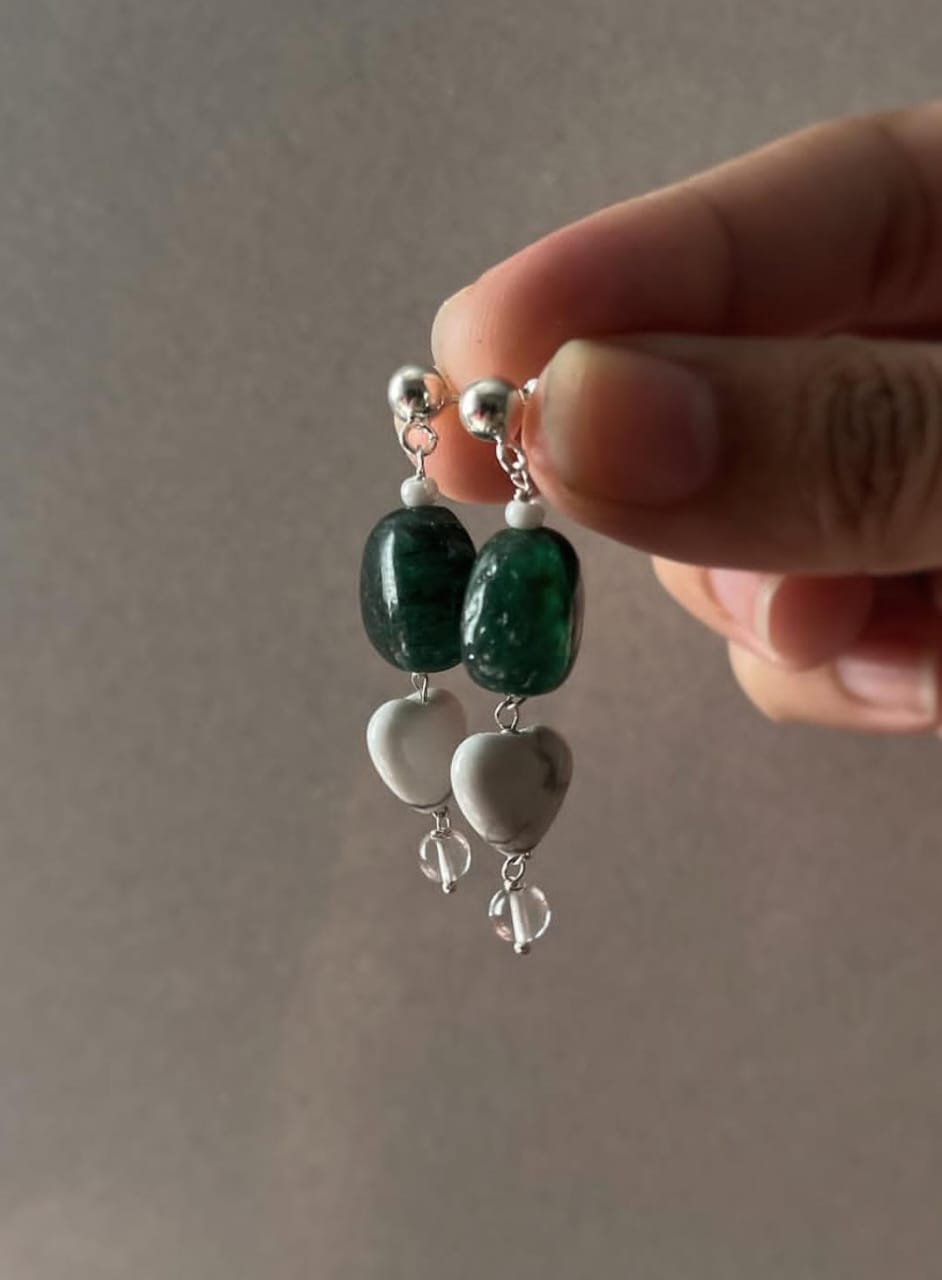 Green Aventurine, Howlite & Clear Quartz Crystal 925 Sterling Silver Earrings