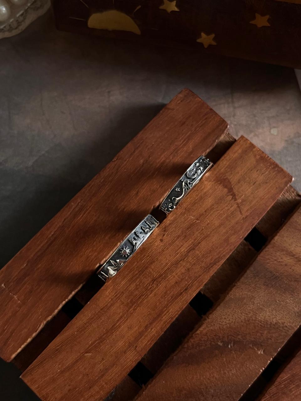 925 sterling silver couple waves moon mountain pine tree ring  