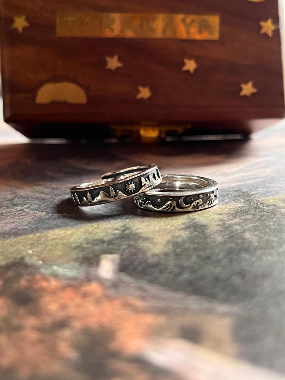 romantic 925 sterling silver couple ring with waves moon and mountain design