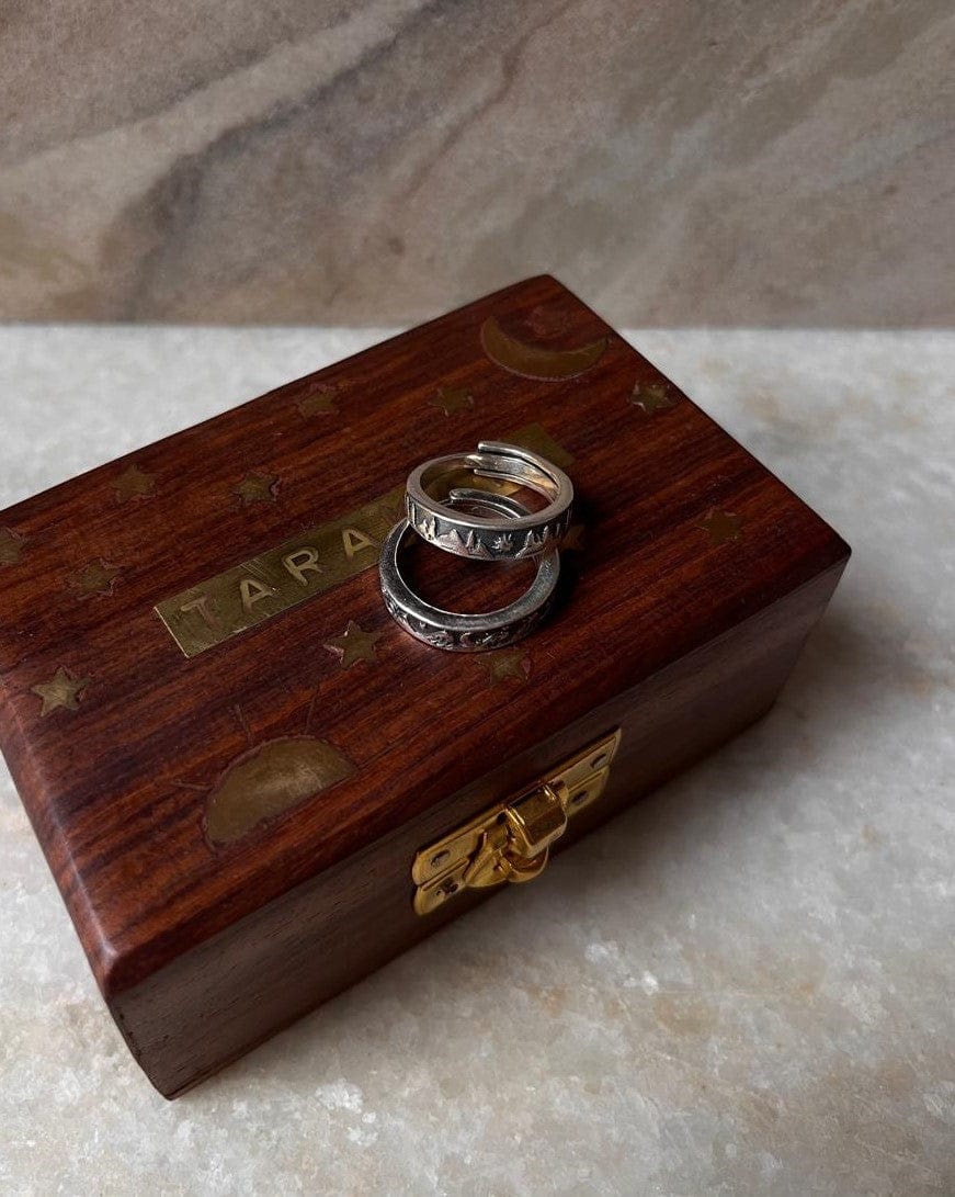 nature inspired mountain pine tree and moon 925 sterling silver couple ring  