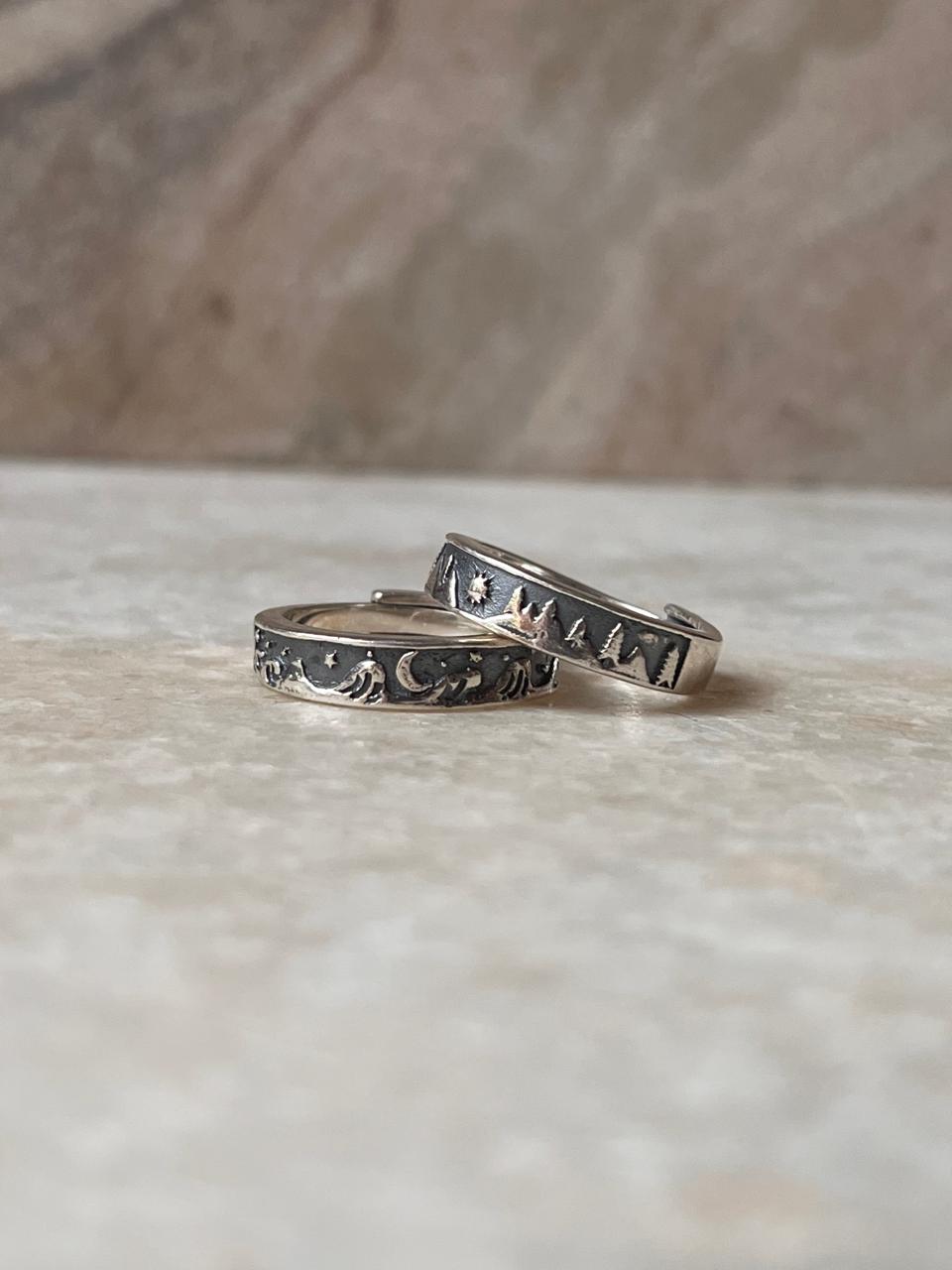 925 sterling silver couple waves moon mountain pine tree ring  