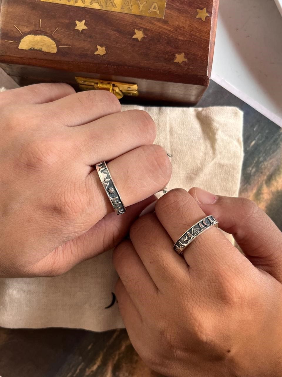 boho nature theme couple ring handcrafted in 925 sterling silver