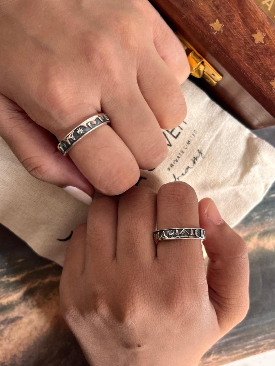 romantic couple 925 sterling silver ring with mountain and forest reindeer design