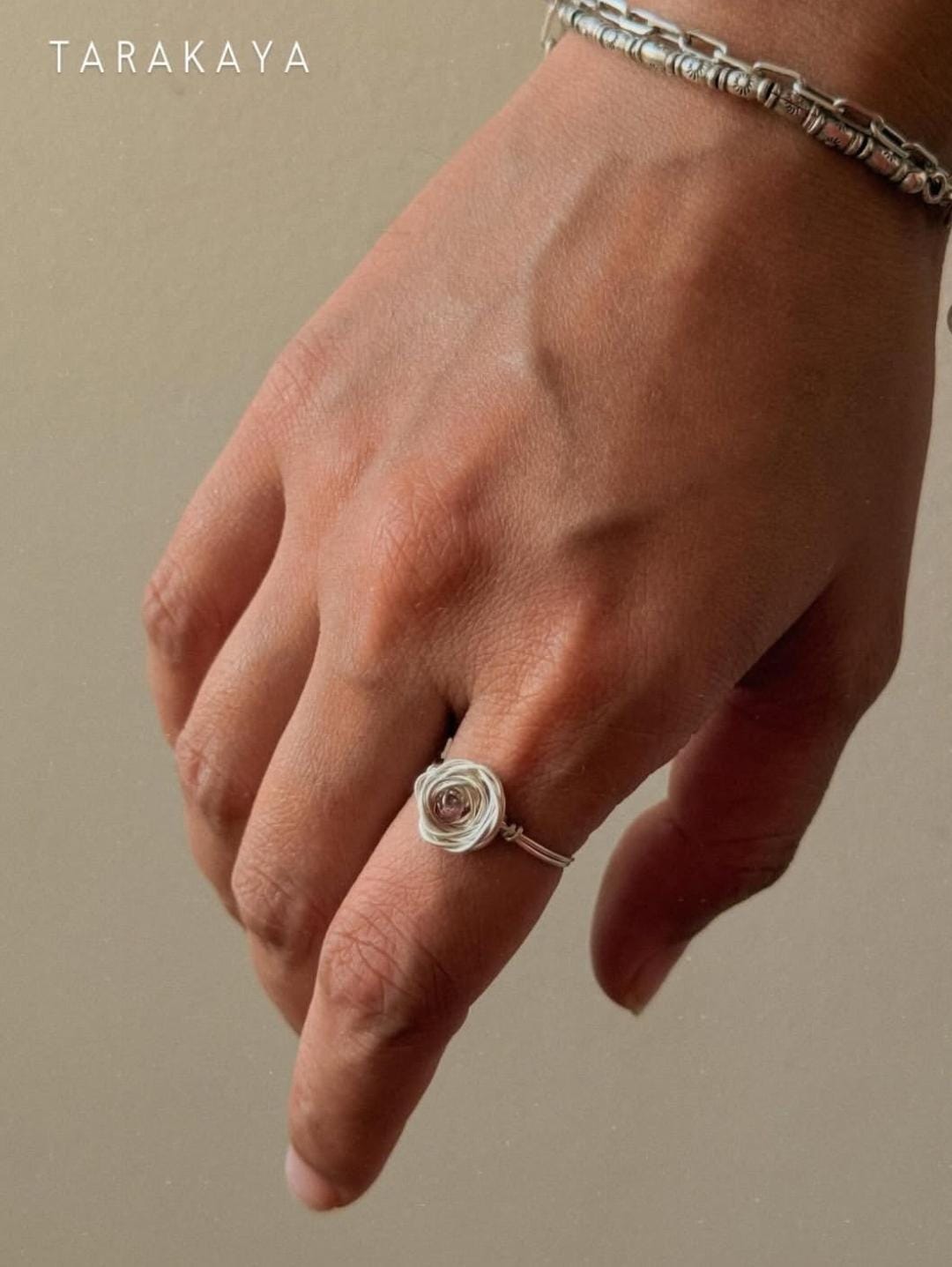 925 Sterling Silver Pink Tourmaline Wire Wrapped Rose Handcrafted Ring