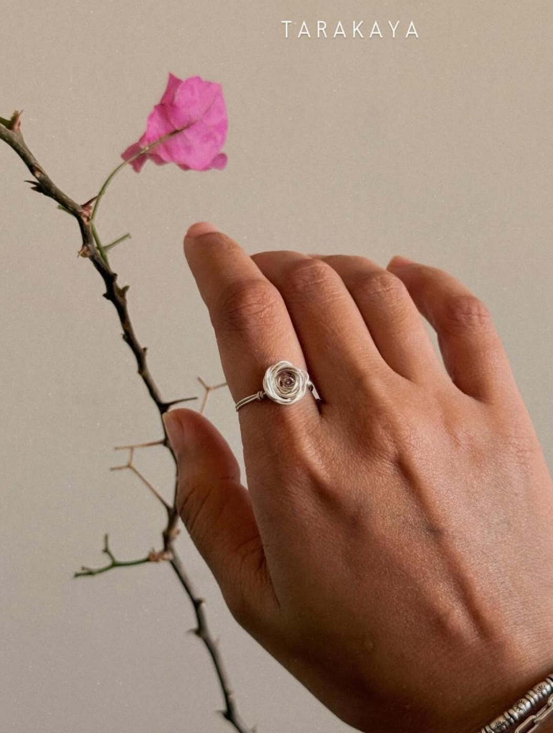 925 Sterling Silver Pink Tourmaline Wire Wrapped Rose Handcrafted Ring