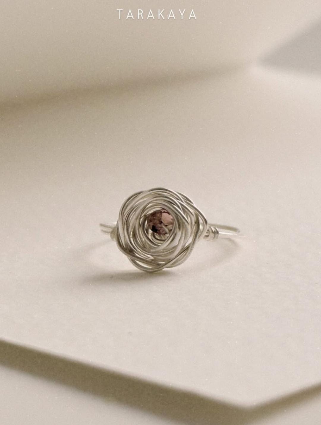 925 Sterling Silver Pink Tourmaline Wire Wrapped Rose Handcrafted Ring