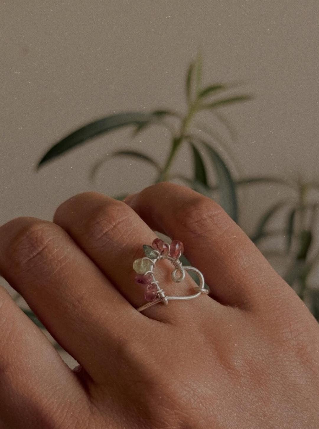 925 Sterling Silver Multi Tourmaline Wire Wrapped Heart Handcrafted Ring