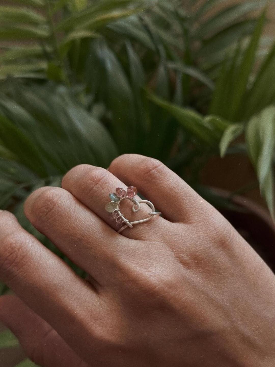 925 Sterling Silver Multi Tourmaline Wire Wrapped Heart Handcrafted Ring