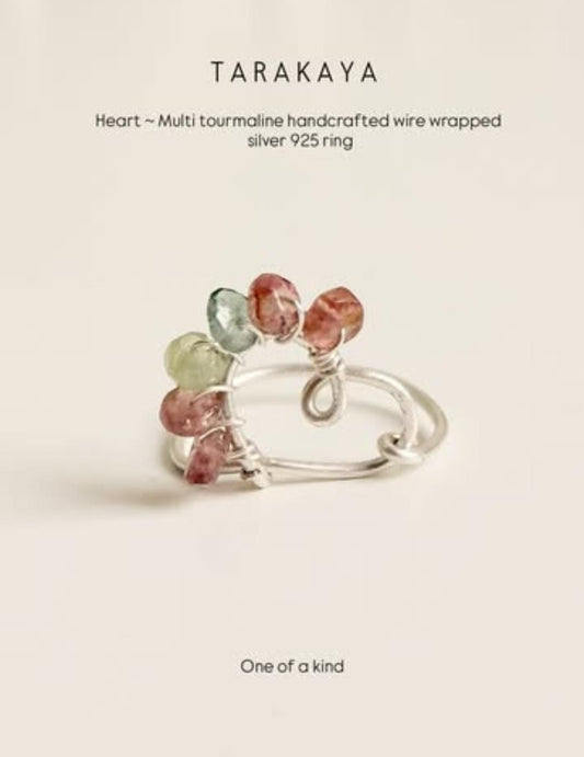 925 Sterling Silver Multi Tourmaline Wire Wrapped Heart Handcrafted Ring