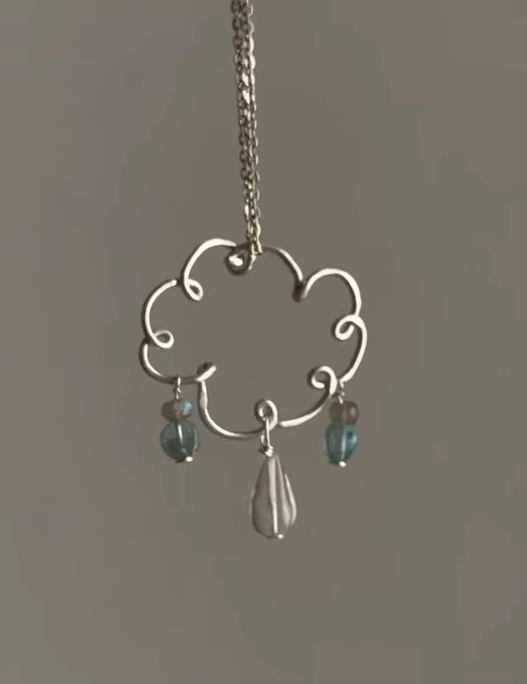 925 Sterling Silver Clear Quartz, Labradorite & Apatite Hammered Cloud Handcrafted Necklace