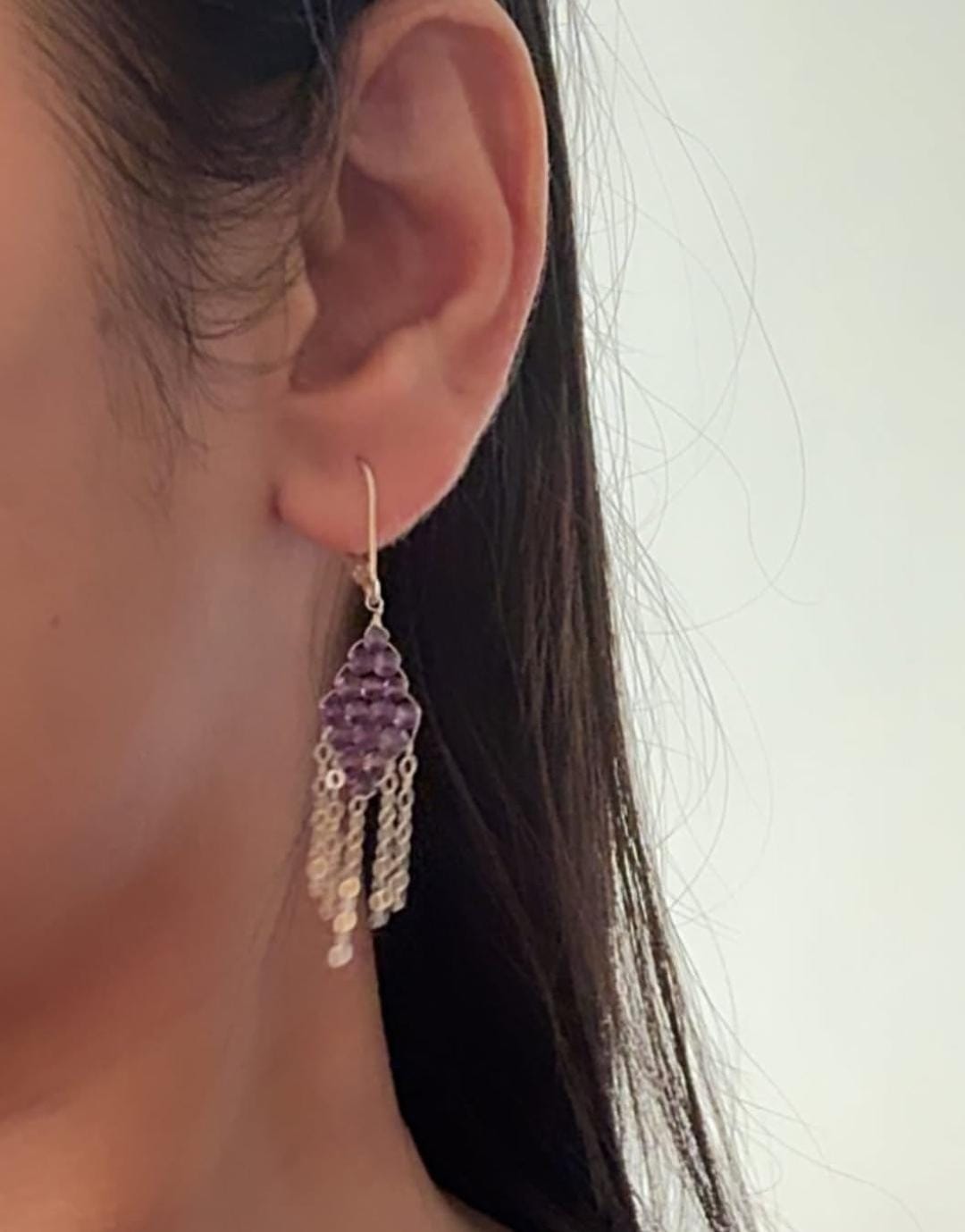 925 Sterling Silver Amethyst Chain Handcrafted Lever Back Earrings