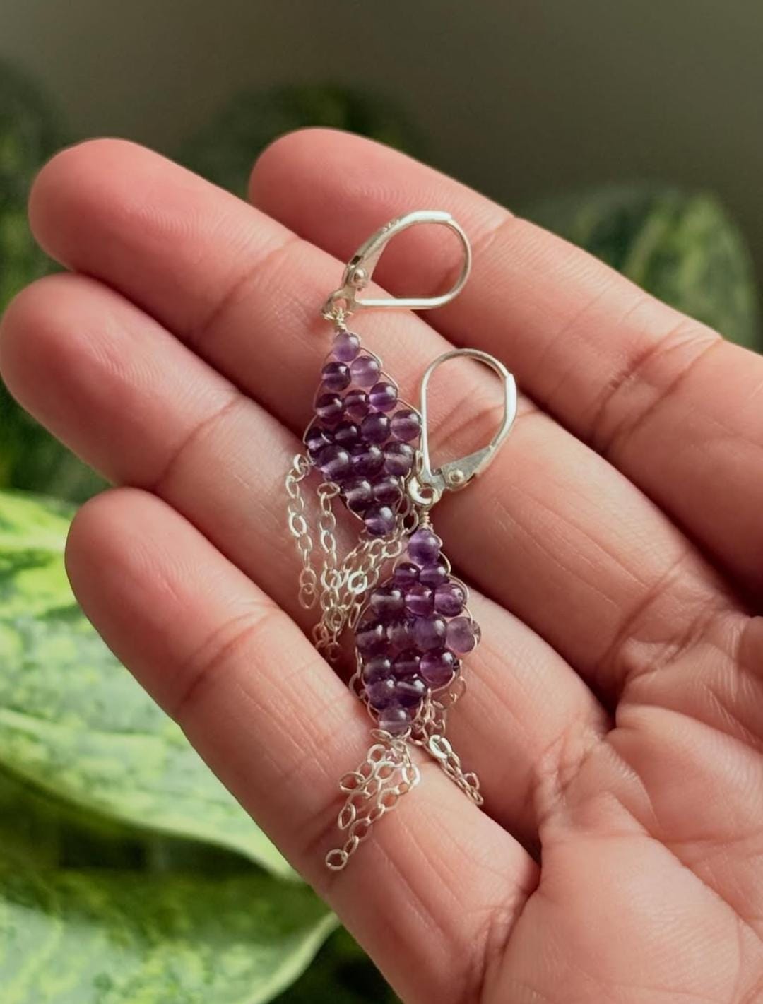 925 Sterling Silver Amethyst Chain Handcrafted Lever Back Earrings