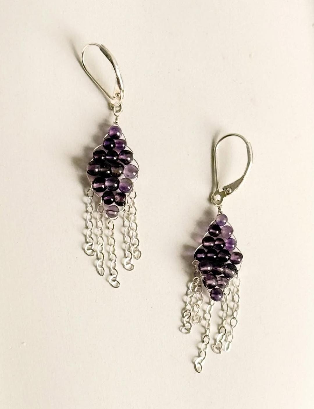 925 Sterling Silver Amethyst Chain Handcrafted Lever Back Earrings