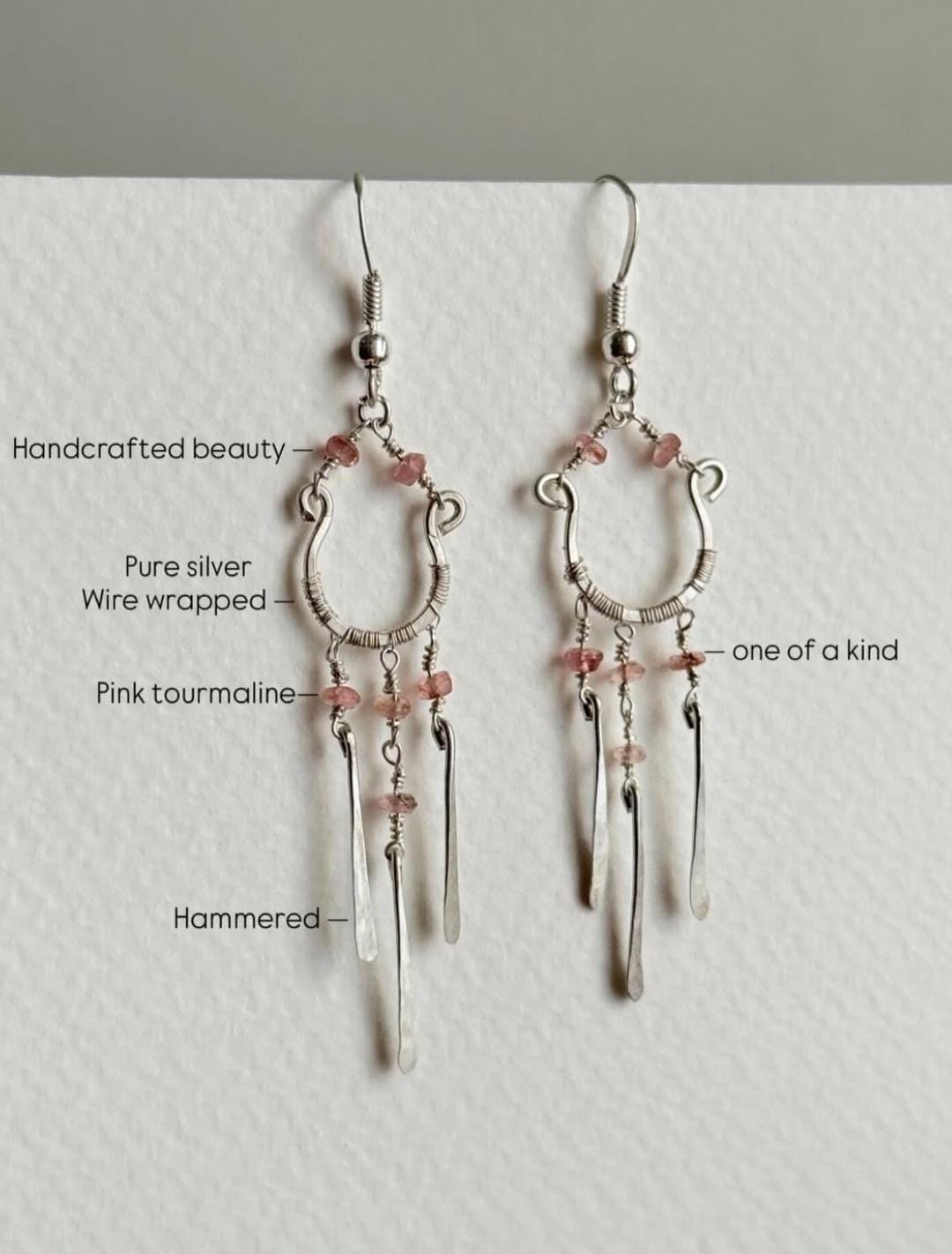 925 Sterling Silver Pink Tourmaline Wire Wrapped Boho Style Handcrafted Earrings