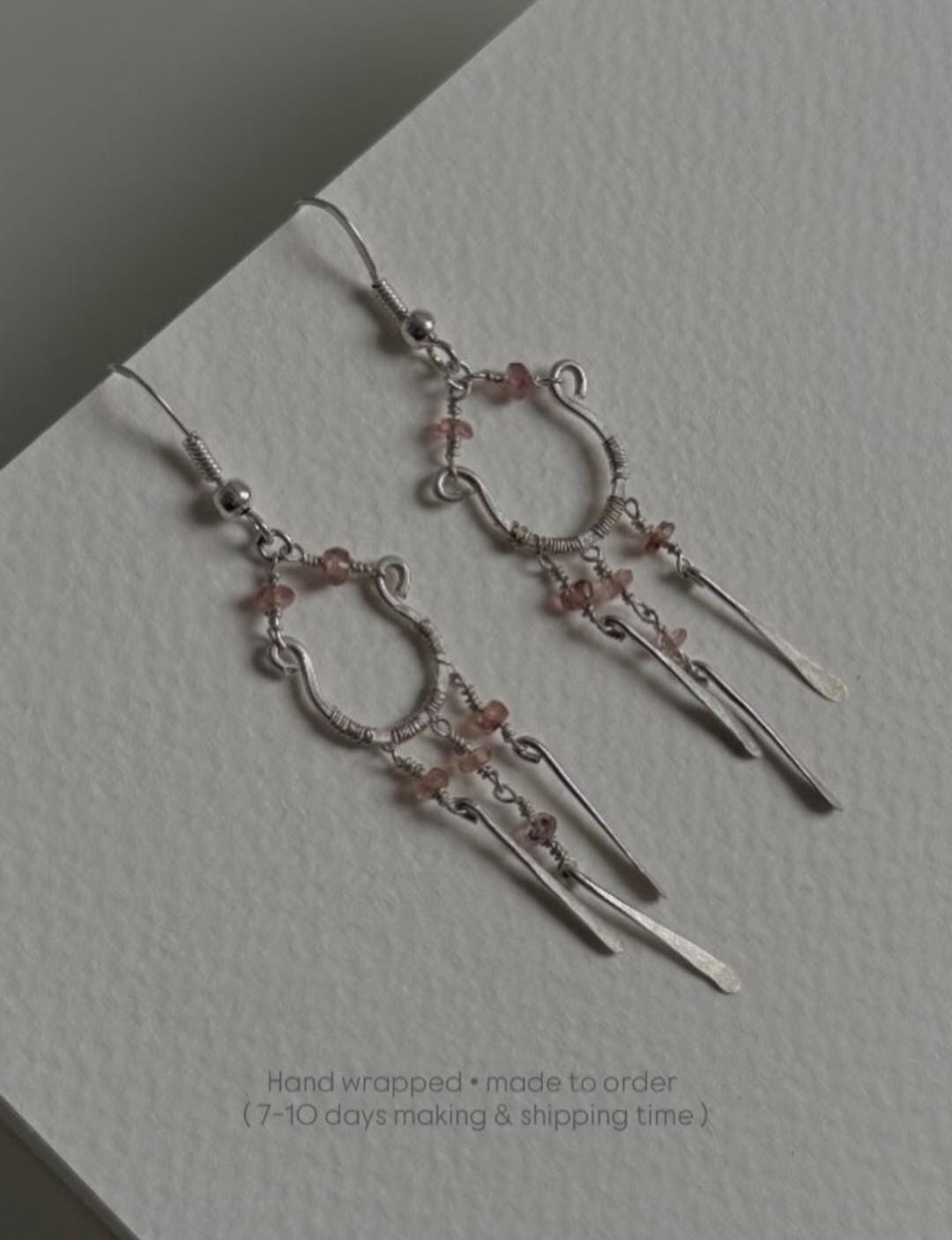 925 Sterling Silver Pink Tourmaline Wire Wrapped Boho Style Handcrafted Earrings