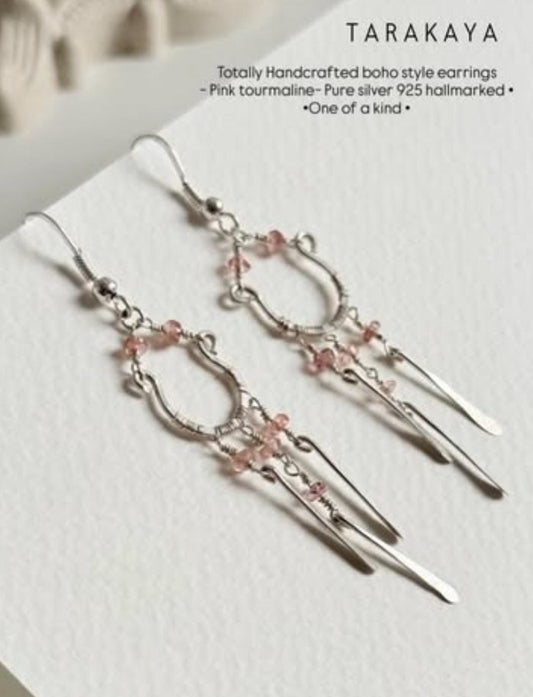 925 Sterling Silver Pink Tourmaline Wire Wrapped Boho Style Handcrafted Earrings