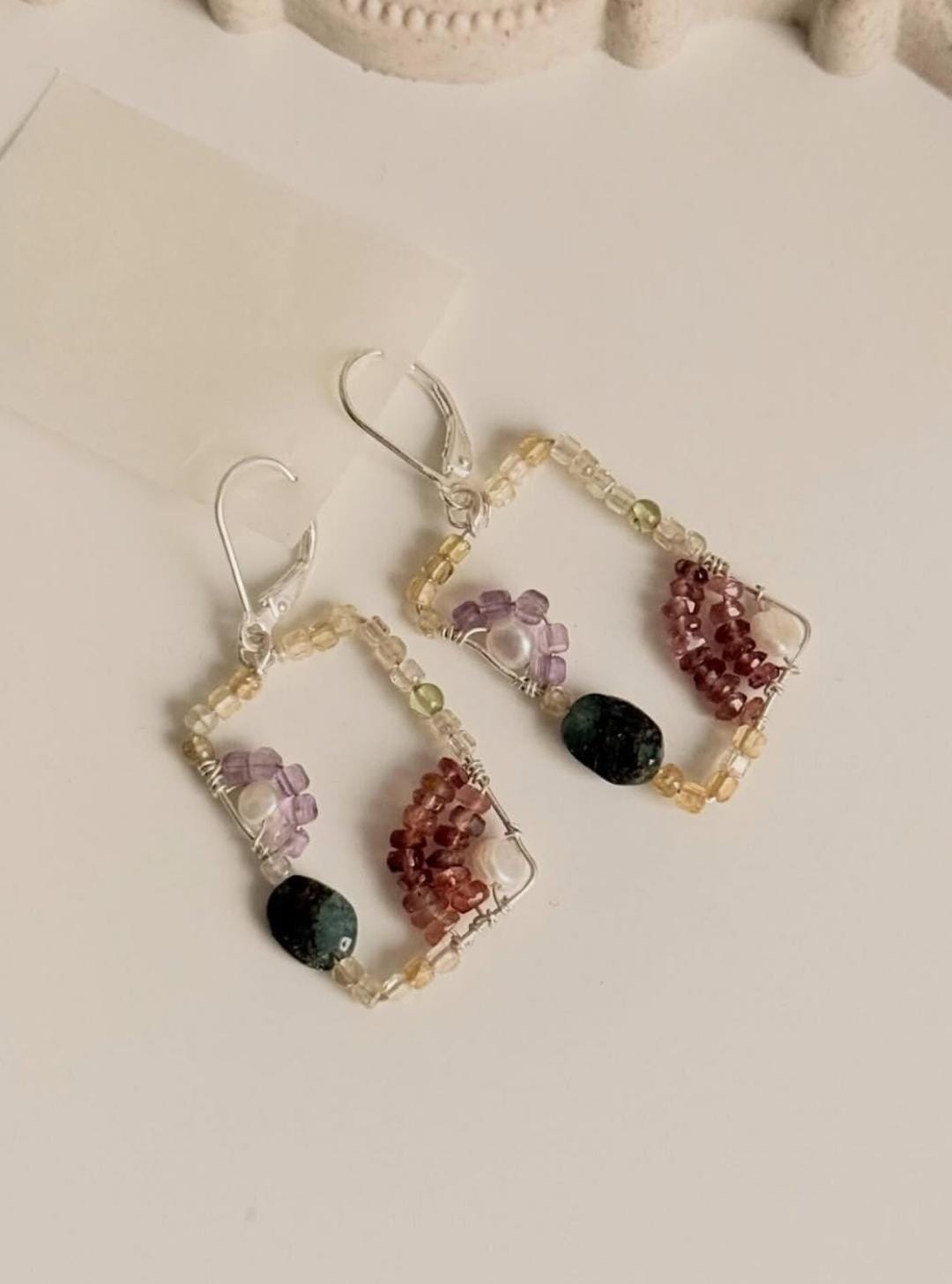 925 Sterling Silver Wire Wrap Contemporary Style Handcrafted Natural Crystals Lever Back Earrings