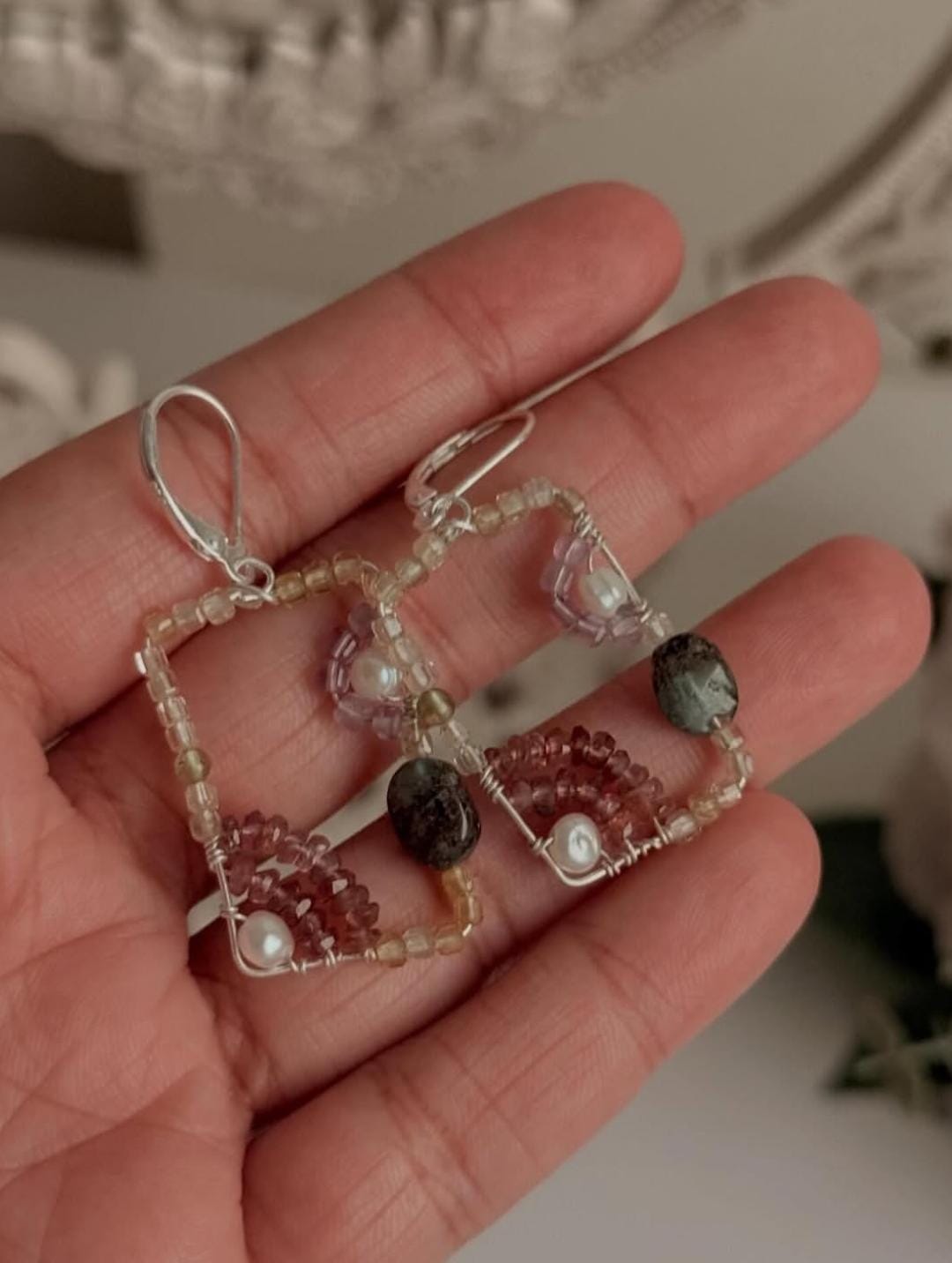 925 Sterling Silver Wire Wrap Contemporary Style Handcrafted Natural Crystals Lever Back Earrings