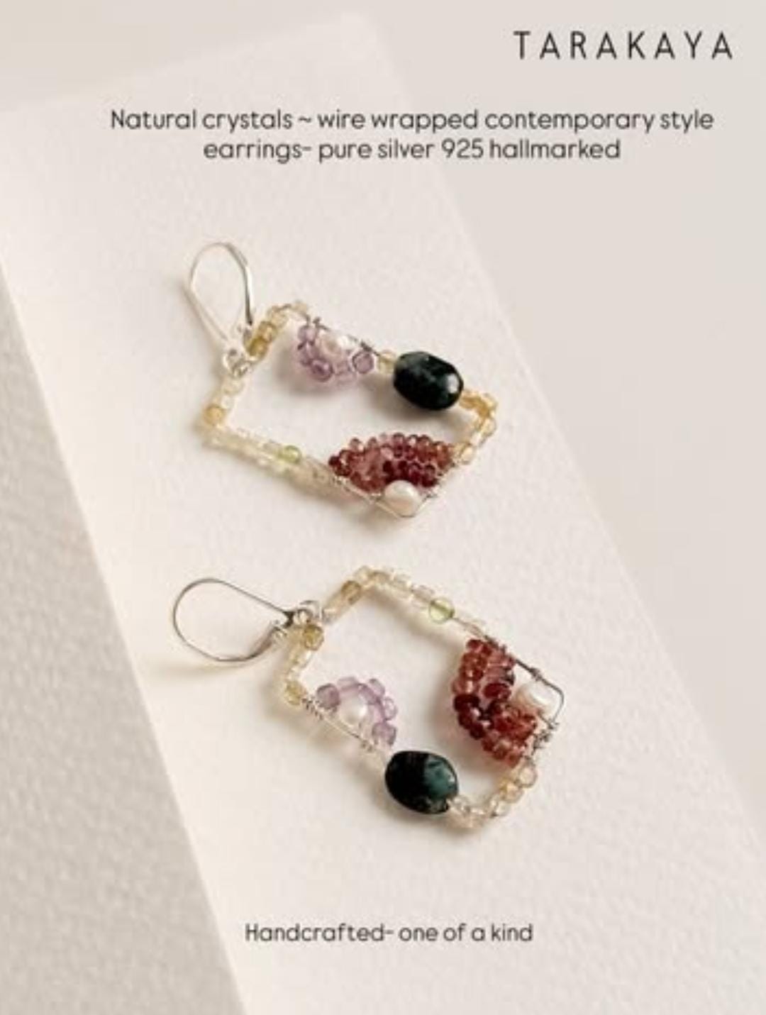 925 Sterling Silver Wire Wrap Contemporary Style Handcrafted Natural Crystals Lever Back Earrings