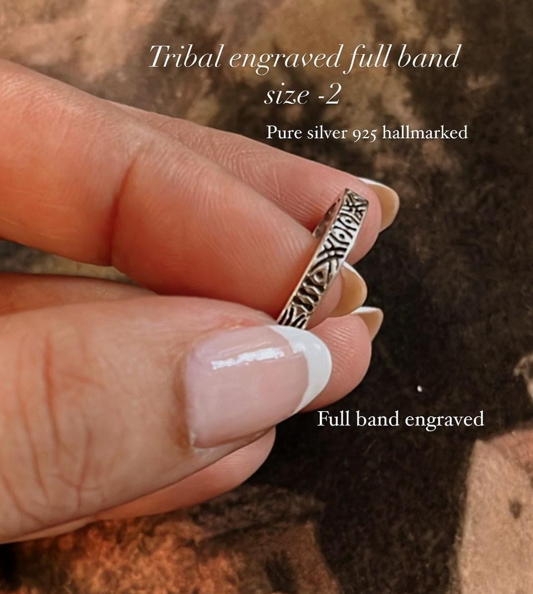 Unique tribal engraved side band ring in sterling silver