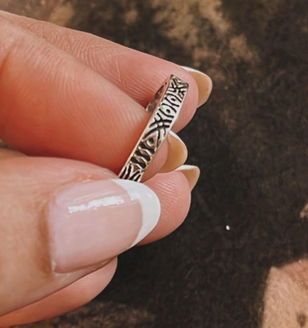 Tribal design engraved side full band ring in sterling silver