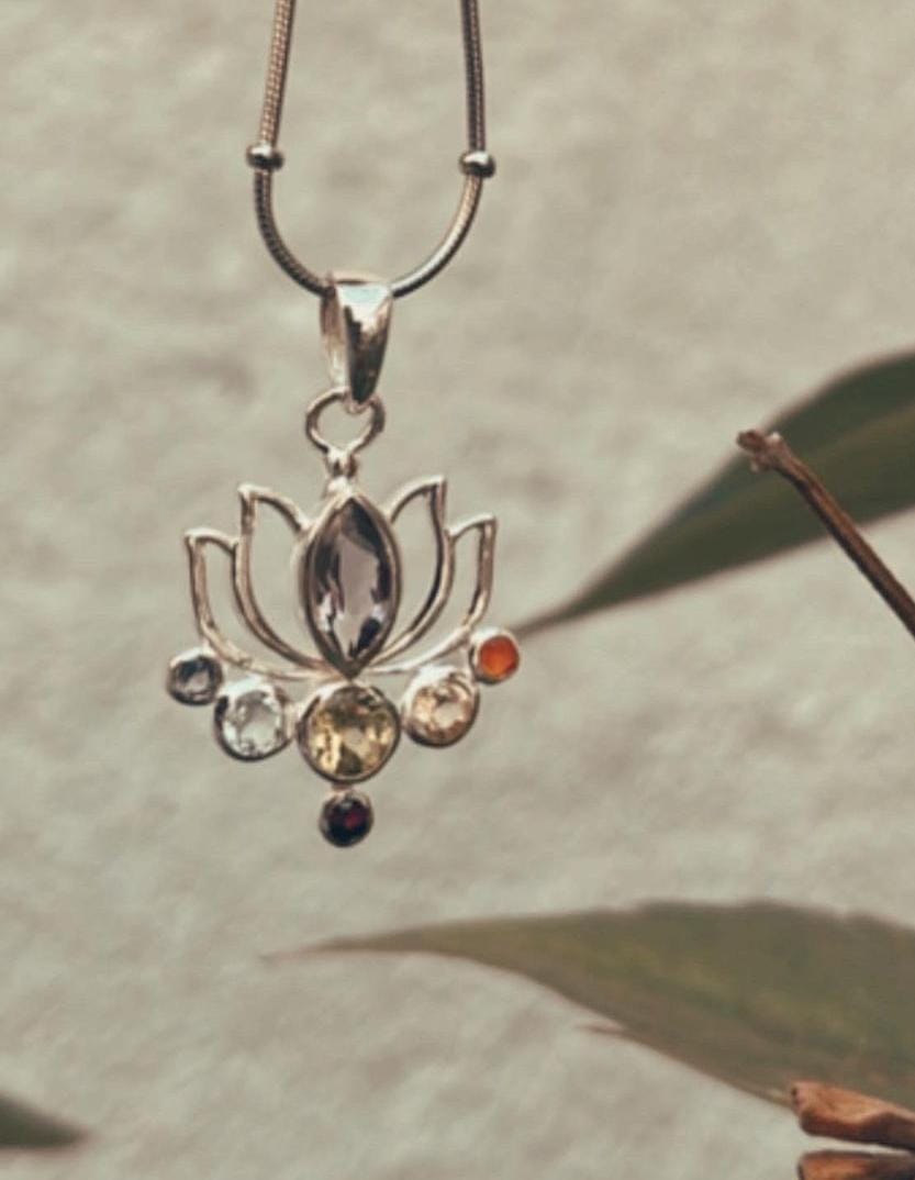 Spiritual seven chakra lotus pendant in sterling silver