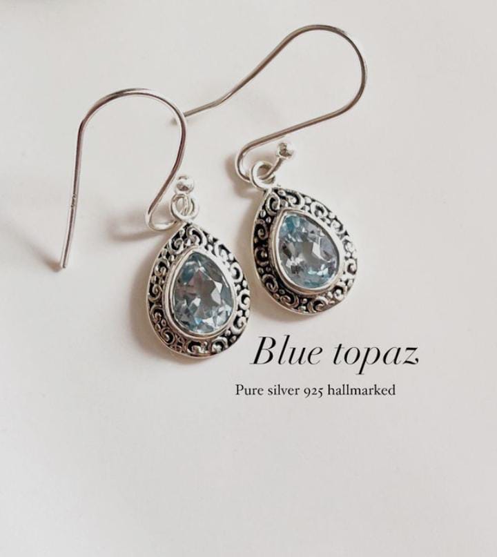 Boho Style Blue Topaz Hanging Silver Earrings