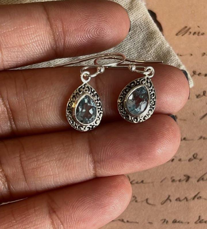Chic Blue Topaz Boho Hanging Earrings in Silver