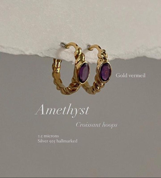 Gold vermeil amethyst croissant huggies in sterling silver 925