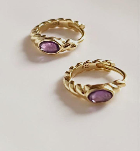 Gold vermeil amethyst croissant huggies in 925 sterling silver