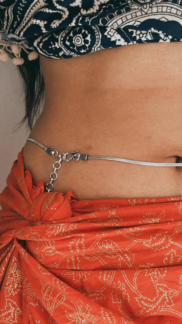 Sophisticated flat snake antique silver waist chain with smooth, polished links