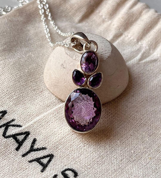 Amethyst Cluster Pendant in 925 Sterling Silver for Spiritual Energy 