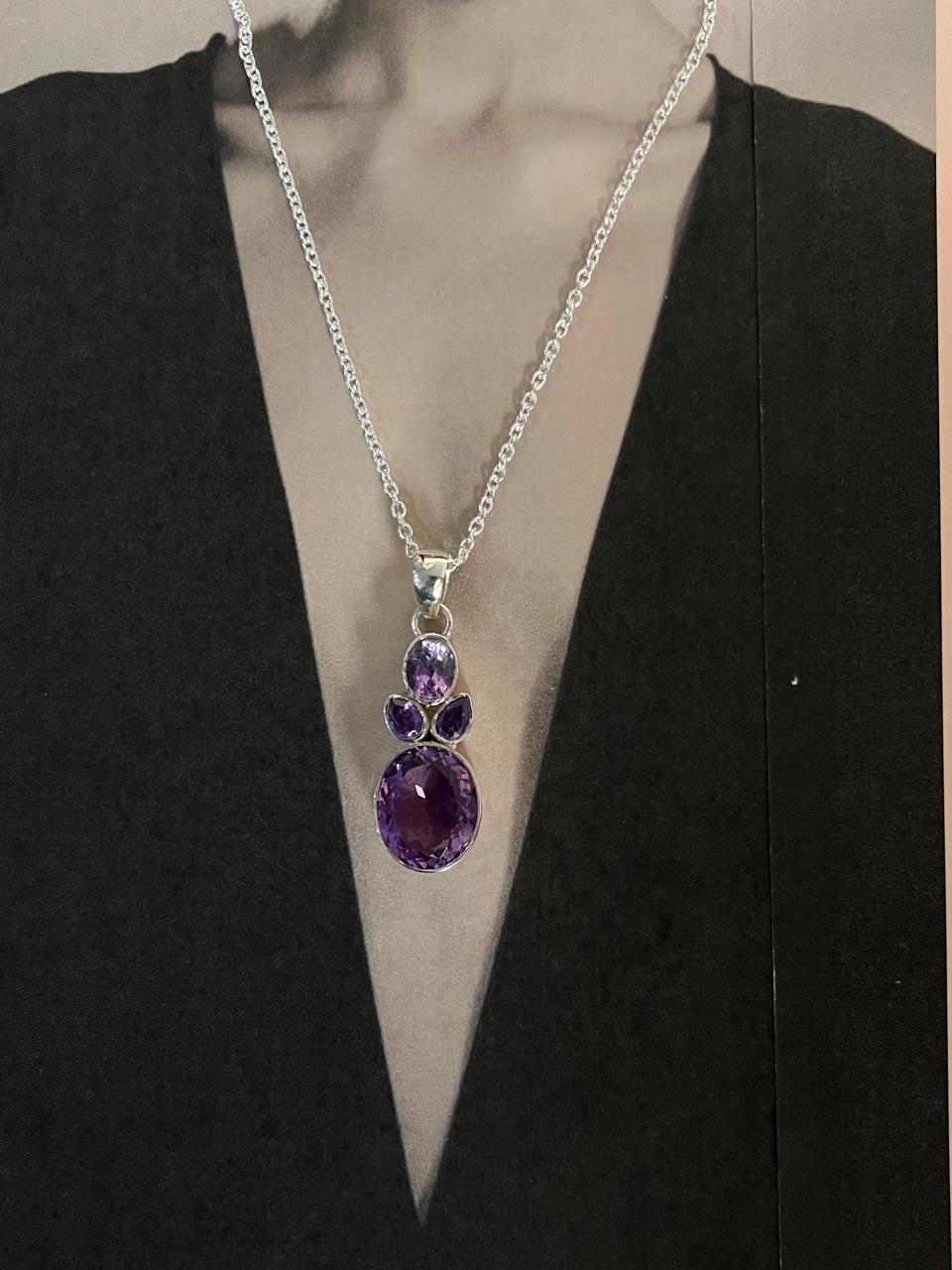 Handmade Amethyst Cluster Pendant in Silver