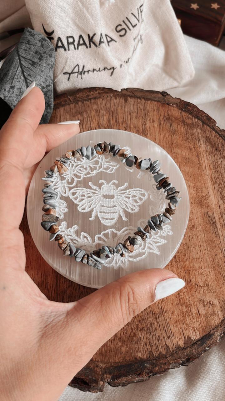 Sacred bee symbol selenite charging plate for spiritual use