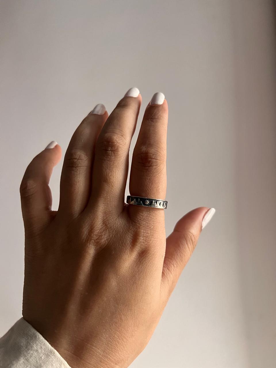 Nature-Inspired Adjustable Silver Ring with Mountains, Pine Trees, and Sun Design