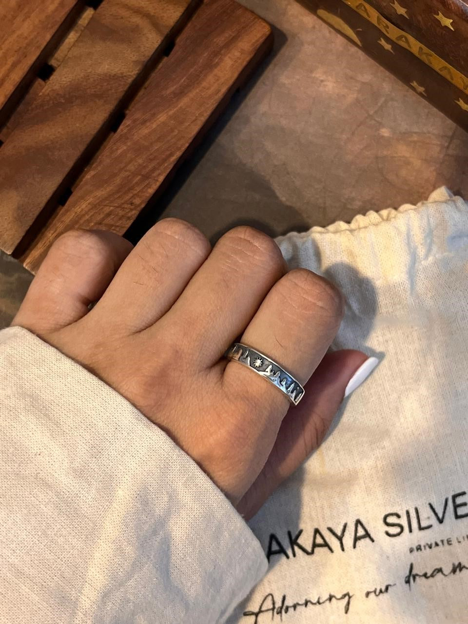 Nature-Themed Adjustable Silver Ring with Mountain, Pine Tree, and Sun Design