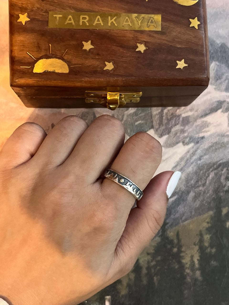 Adjustable Silver Ring for Nature Lovers with Mountains, Pine Trees, and Sun
