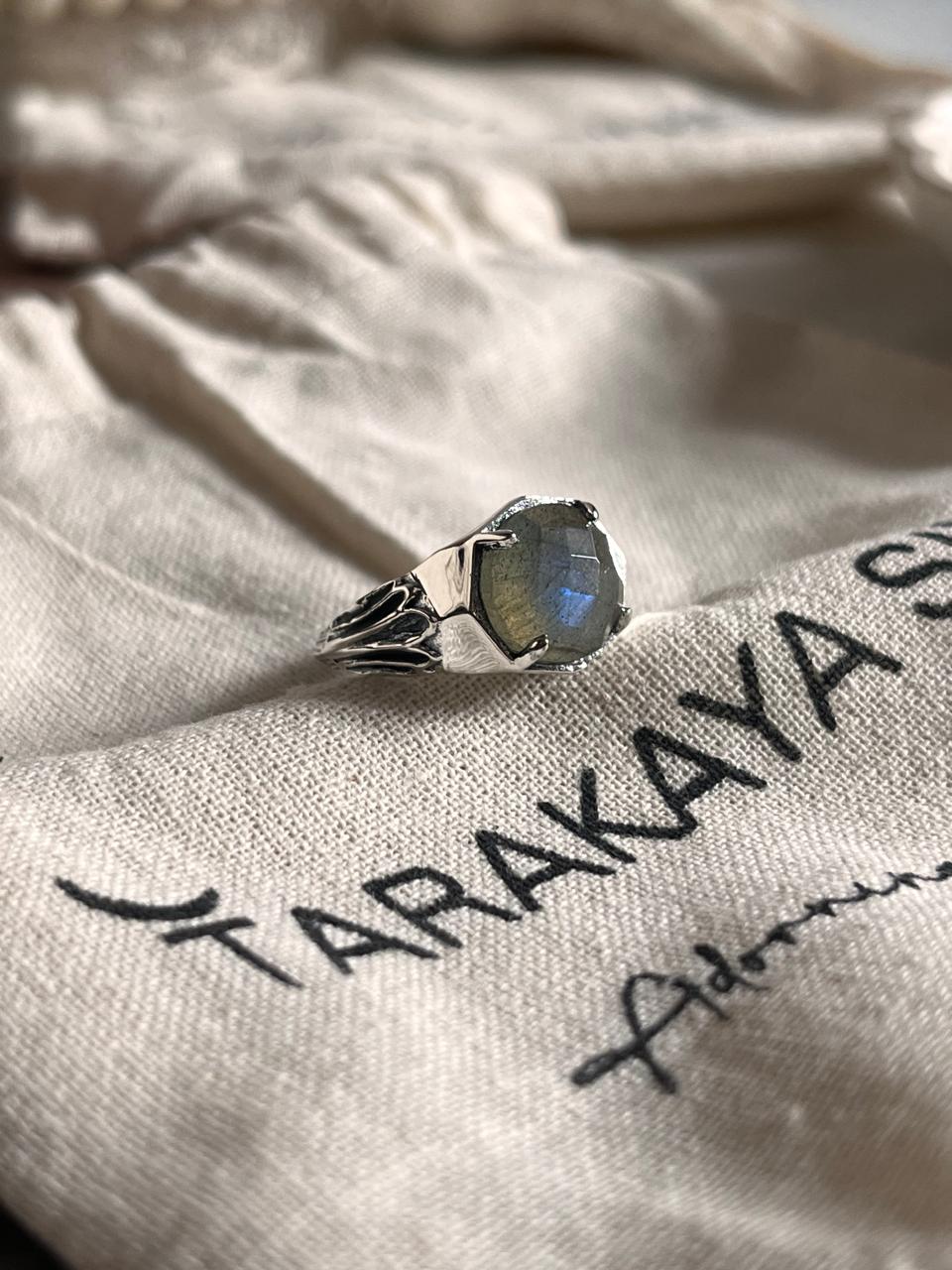 Labradorite Silver Ring with Vintage Checkerboard Pattern