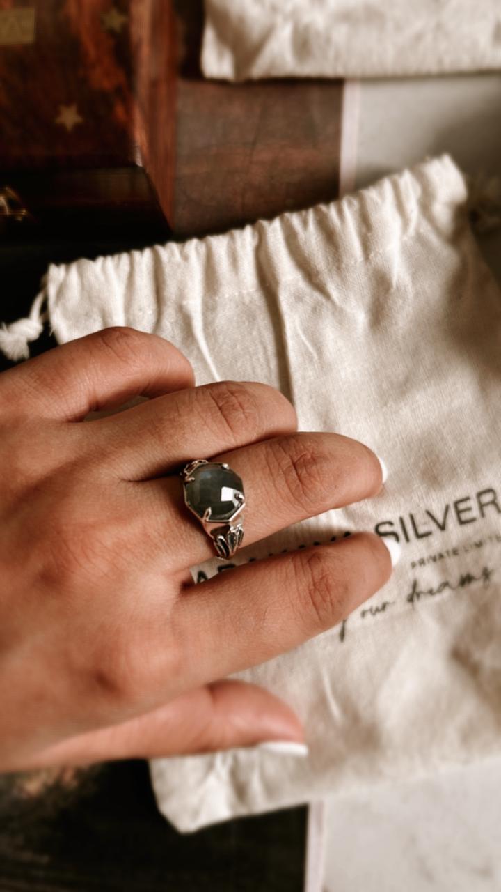 Labradorite Checkerboard Silver Ring with Antique Vibes
