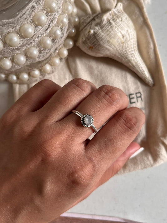 Delicate Moonstone Round Stackable Boho Ring in 925 sterling silver