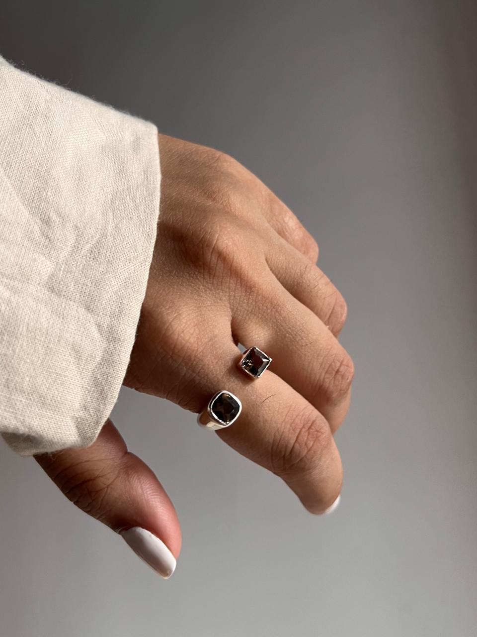 Handcrafted double square smokey quartz ring with silver band