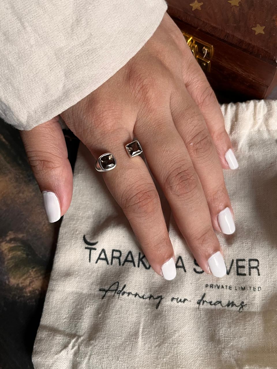 Modern double square smokey quartz ring set in silver