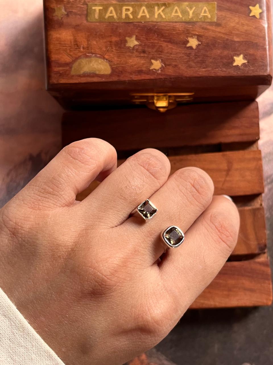 Elegant double square smokey quartz ring in sterling silver