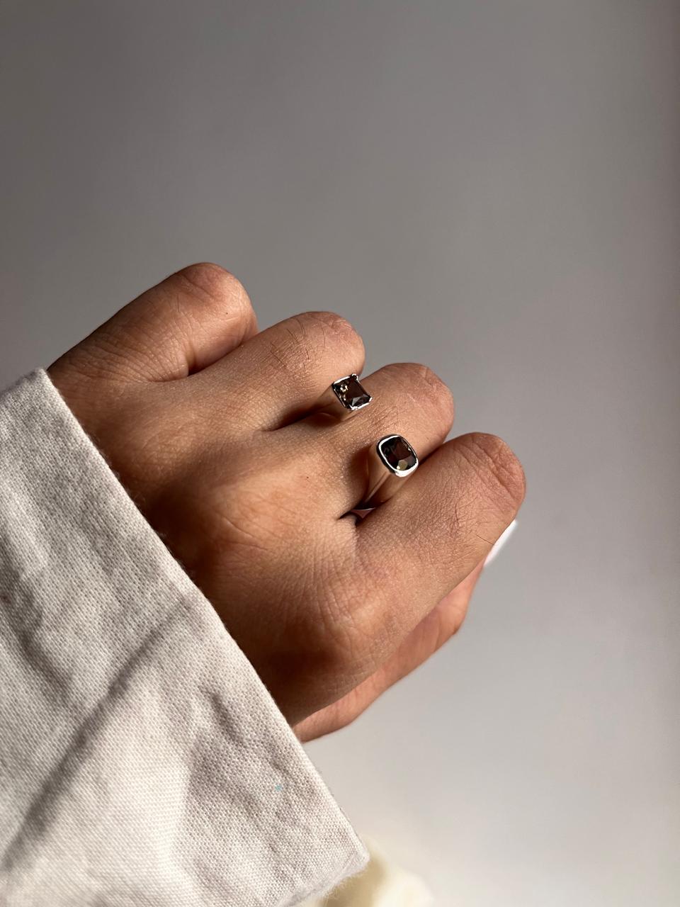 Modern double square smokey quartz ring set in silver