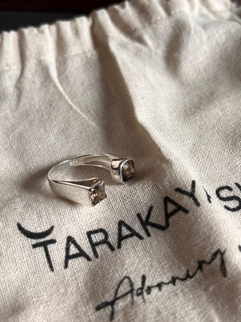Unique silver ring with two square smokey quartz stones